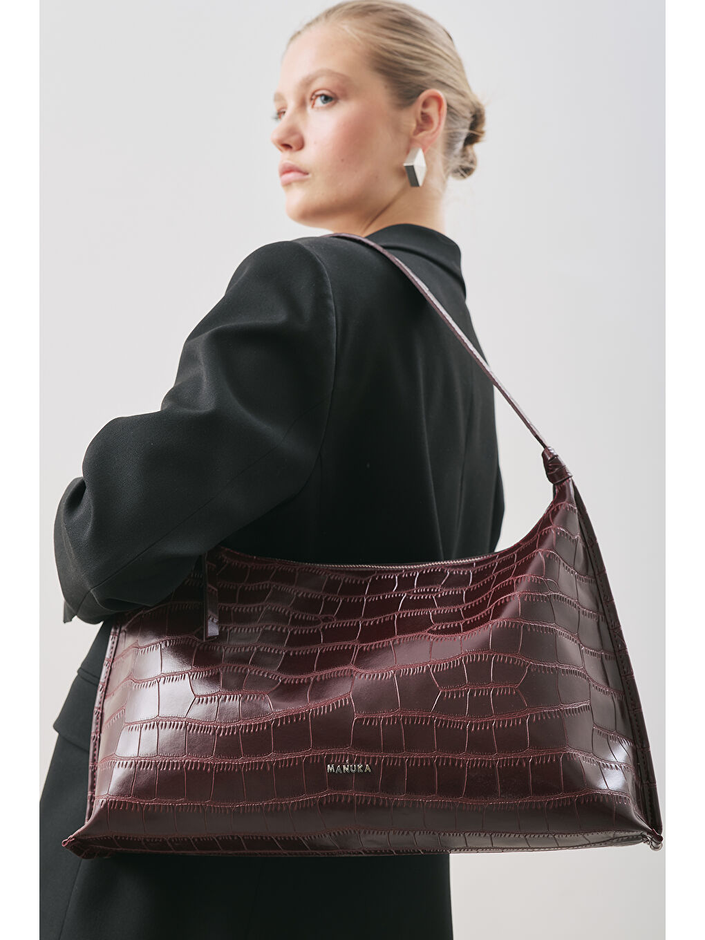 Timsah Deri Tote Çanta Bordo-3