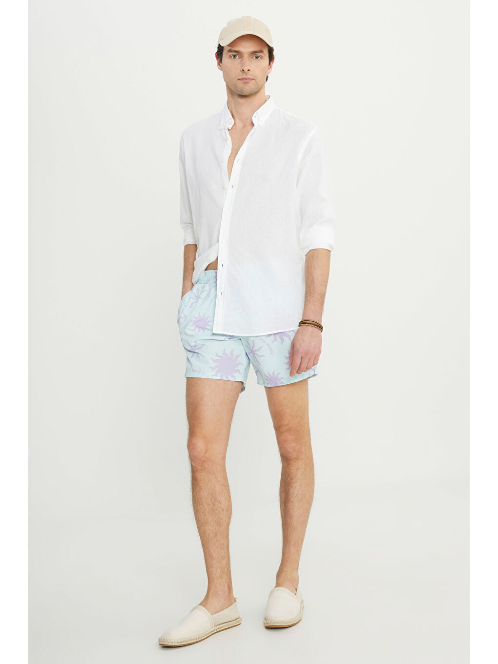 Erkek Mint Lila Standart Fit Normal Kesim Cepli Hızlı Kuruyan Desenli Mayo Deniz Şortu