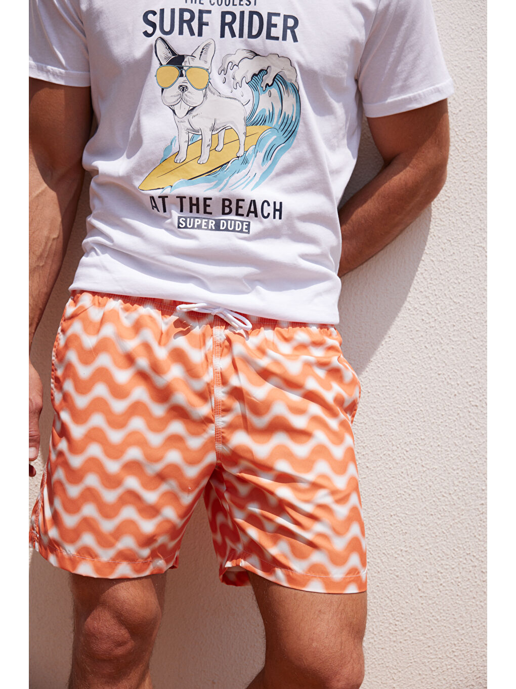 Erkek Beyaz-Turuncu Standart Fit Normal Kesim Desenli Şort Mayo-5