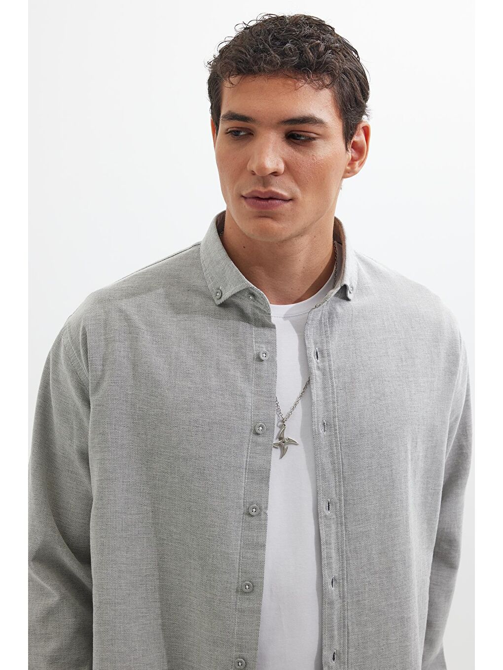 Erkek Relax Fit Rahat Kalıp Uzun Kollu %100 Pamuk Düğmeli Spor Yaka Gri Gömlek-1