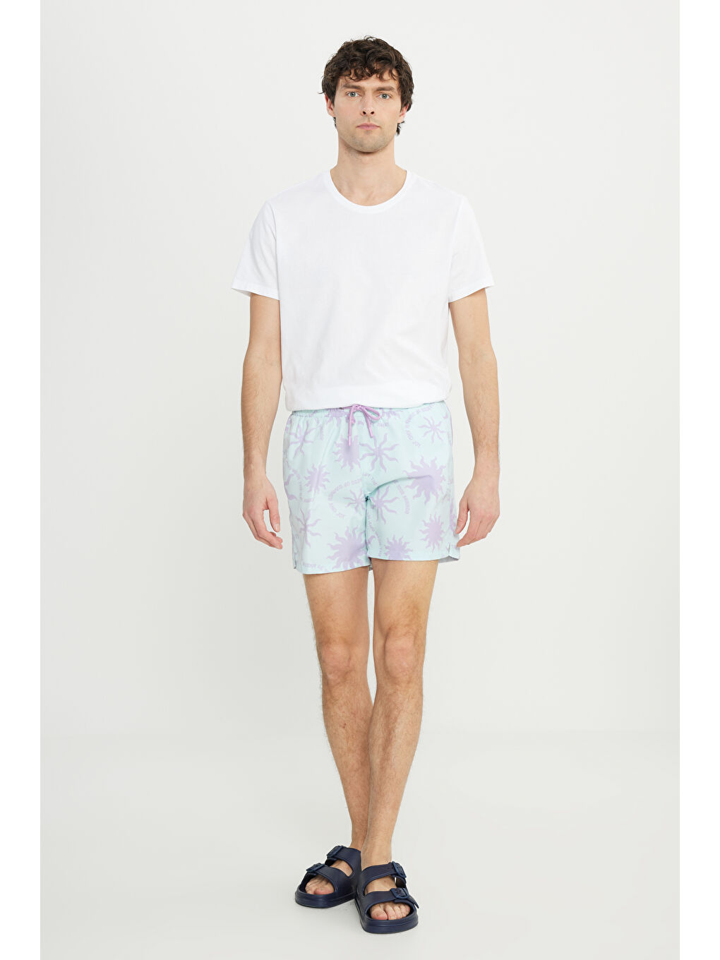 Erkek Mint Lila Standart Fit Normal Kesim Cepli Hızlı Kuruyan Desenli Mayo Deniz Şortu-3