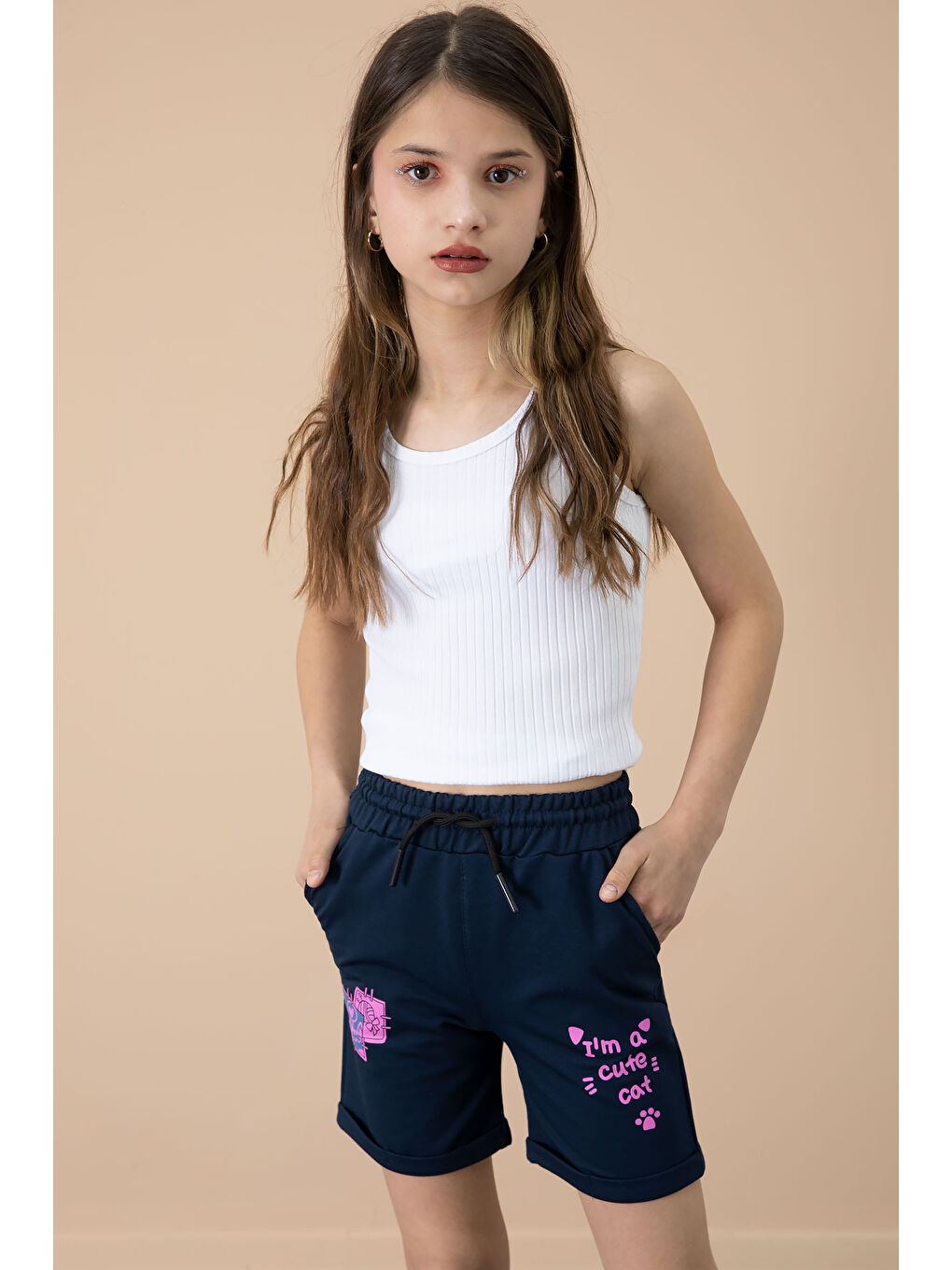 Lacivert Patili Cute Baskılı Kız Çocuk Beli Lastikli Şort 20732