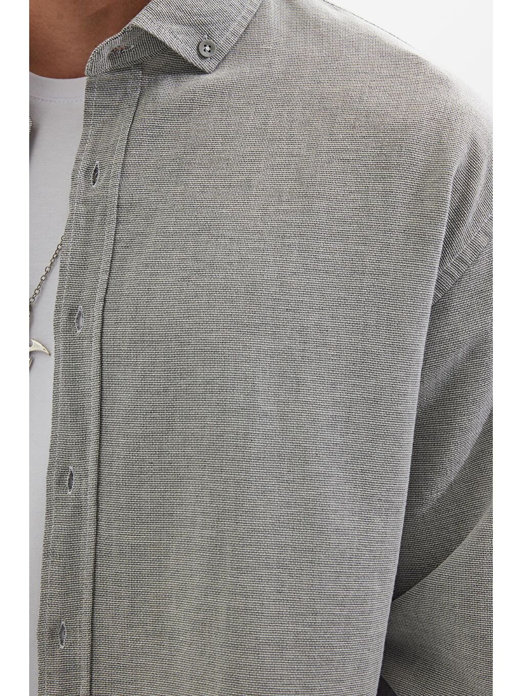 Erkek Relax Fit Rahat Kalıp Uzun Kollu %100 Pamuk Düğmeli Spor Yaka Gri Gömlek-2