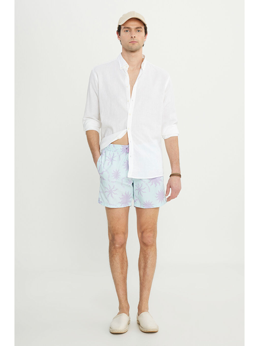 Erkek Mint Lila Standart Fit Normal Kesim Cepli Hızlı Kuruyan Desenli Mayo Deniz Şortu-4