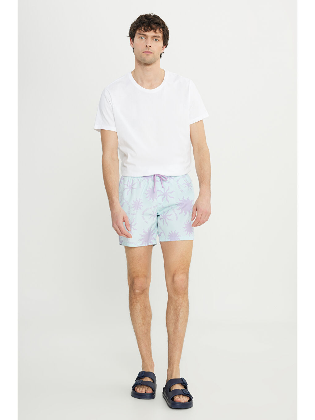 Erkek Mint Lila Standart Fit Normal Kesim Cepli Hızlı Kuruyan Desenli Mayo Deniz Şortu-5