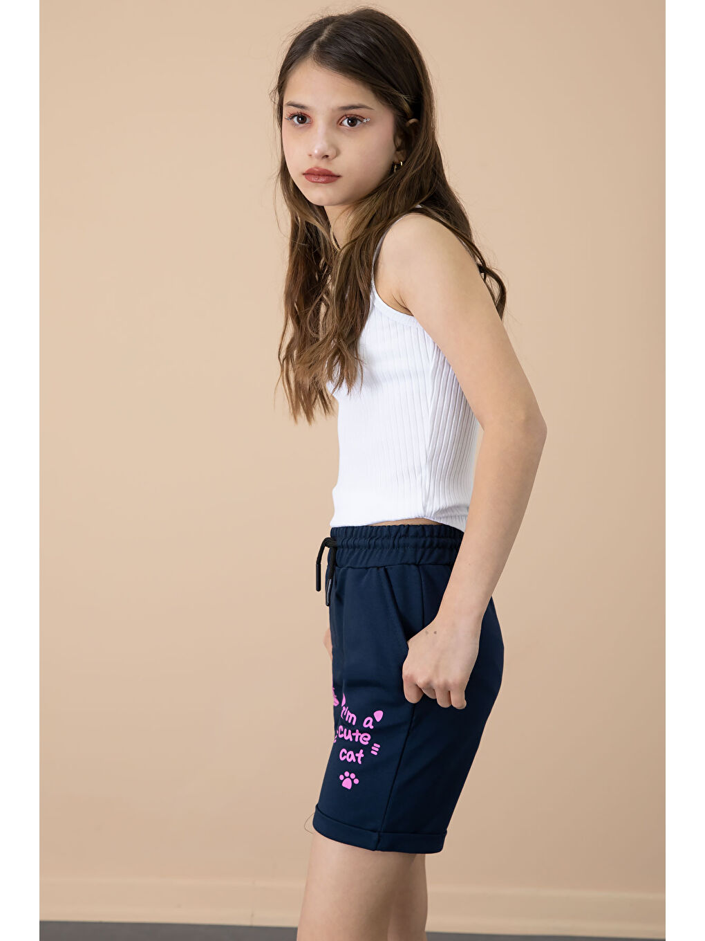 Lacivert Patili Cute Baskılı Kız Çocuk Beli Lastikli Şort 20732-1