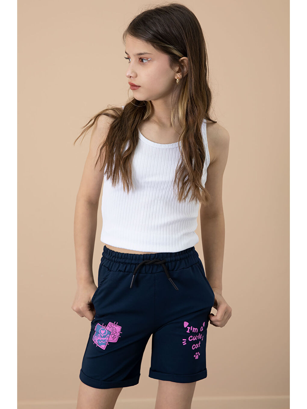 Lacivert Patili Cute Baskılı Kız Çocuk Beli Lastikli Şort 20732-2