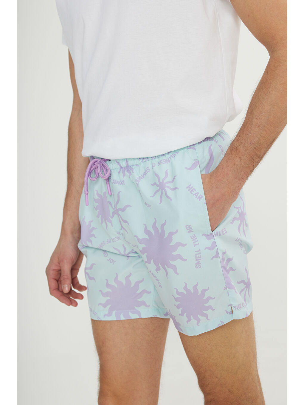 Erkek Mint Lila Standart Fit Normal Kesim Cepli Hızlı Kuruyan Desenli Mayo Deniz Şortu-7