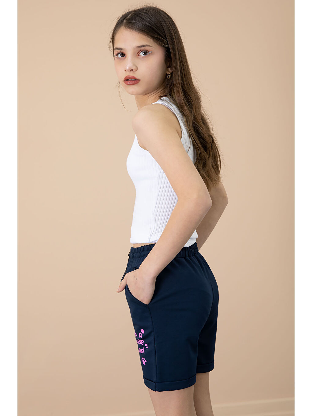 Lacivert Patili Cute Baskılı Kız Çocuk Beli Lastikli Şort 20732-3