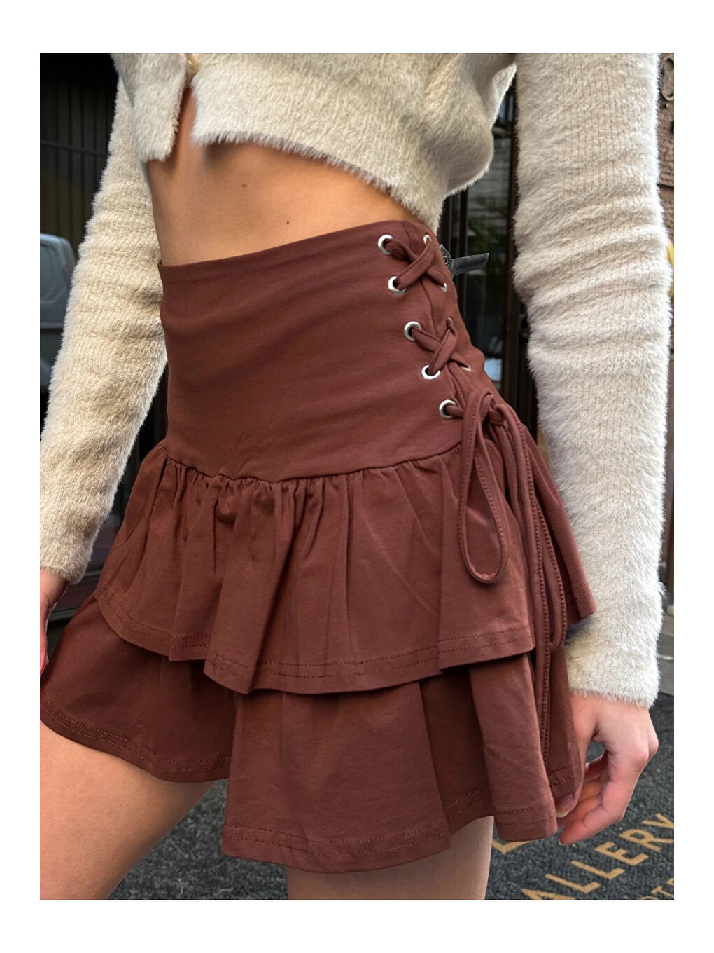 Kadın Kahverengi Kuş Gözlü Fır Fır Detaylı Mini Etek HZL25W-ZK11391-4