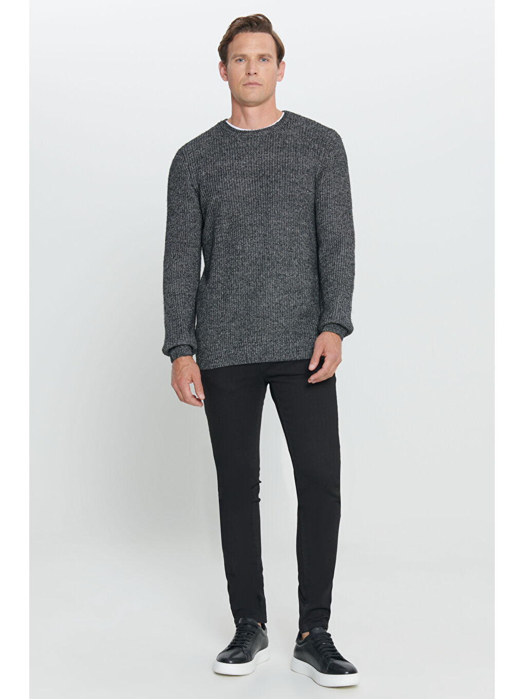 Erkek Antrasit-Melanj Standart Fit Normal Kesim Bisiklet Yaka Pamuklu Triko Kazak-1