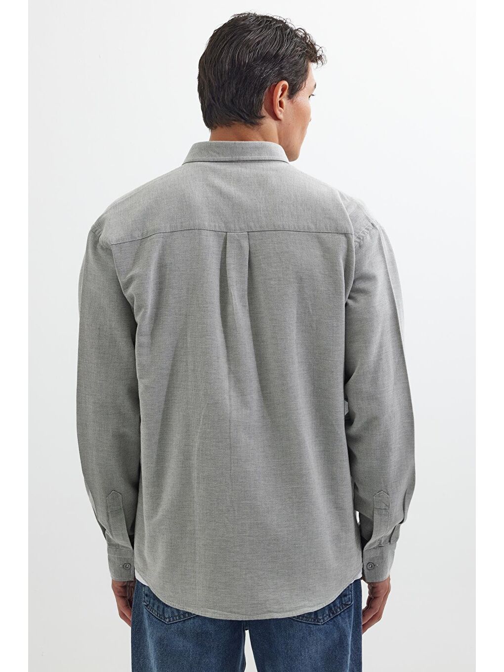 Erkek Relax Fit Rahat Kalıp Uzun Kollu %100 Pamuk Düğmeli Spor Yaka Gri Gömlek-6