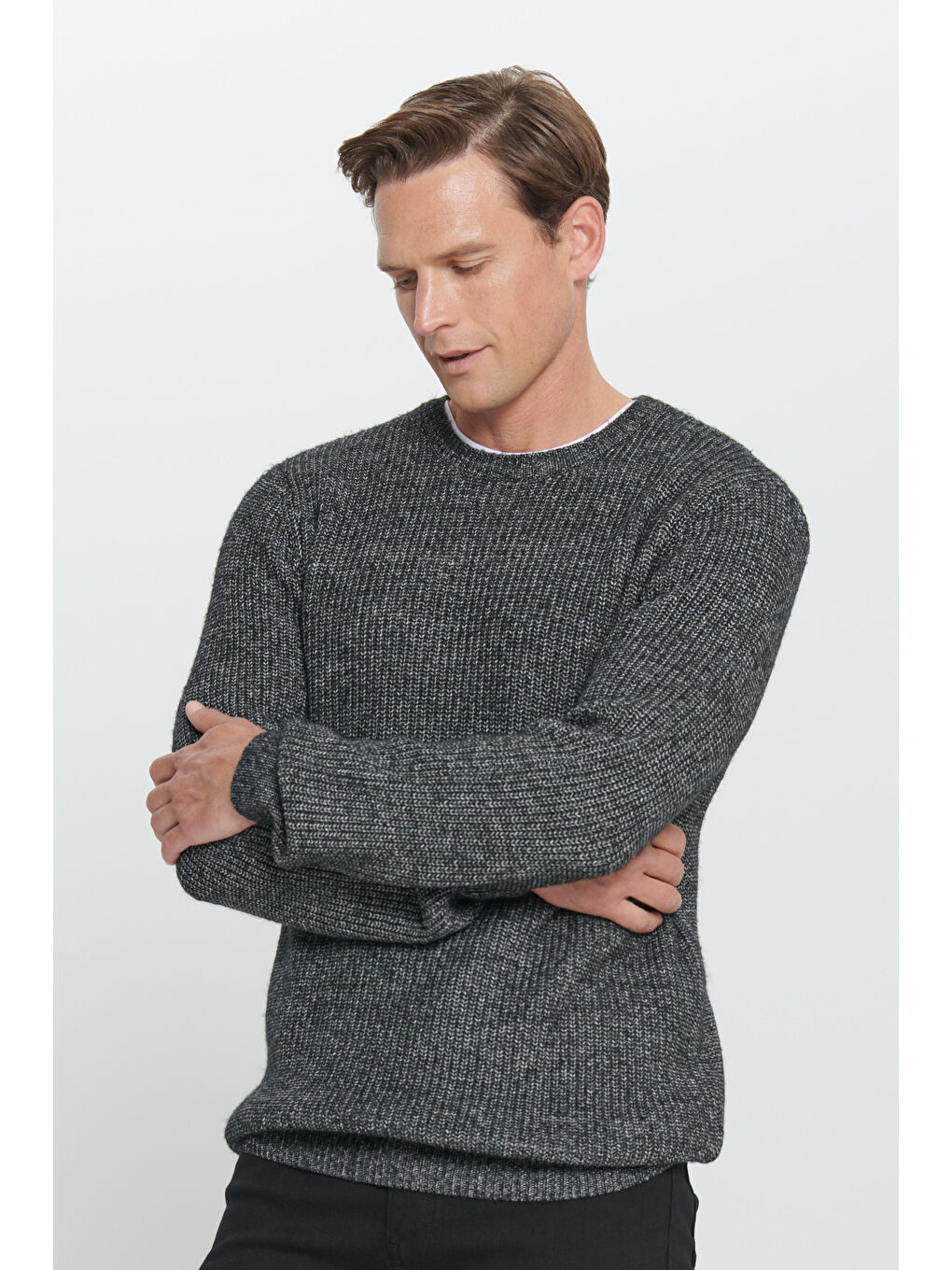 Erkek Antrasit-Melanj Standart Fit Normal Kesim Bisiklet Yaka Pamuklu Triko Kazak-2