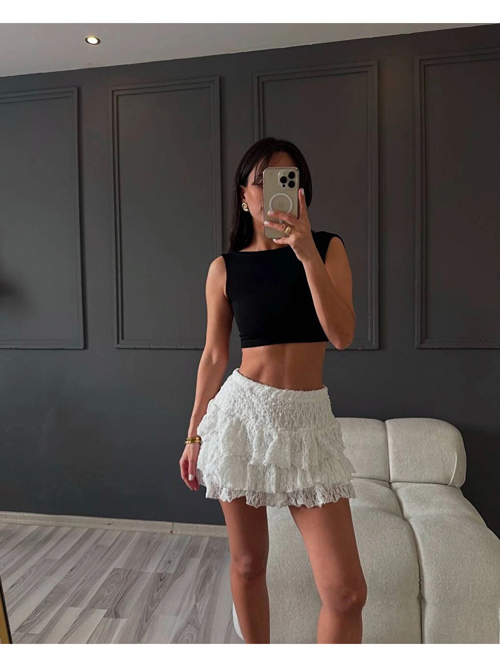 Kadın Beyaz Katlı Dantelli Astarlı Mini Etek HZL25W-ZK13481-1