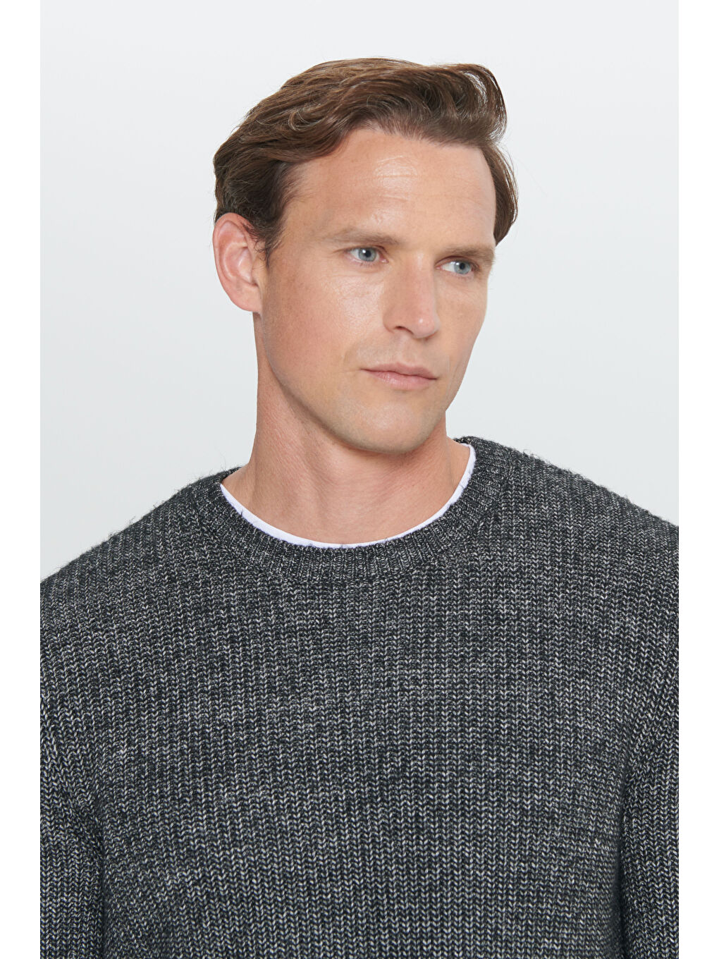 Erkek Antrasit-Melanj Standart Fit Normal Kesim Bisiklet Yaka Pamuklu Triko Kazak-3