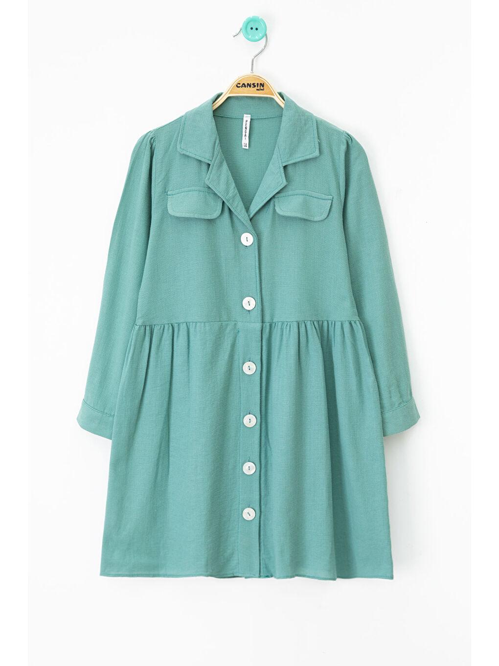 Yeşil Düğme Kapamalı Kız Çocuk Kapak Detaylı Uzun Kol Elbise 20699-3