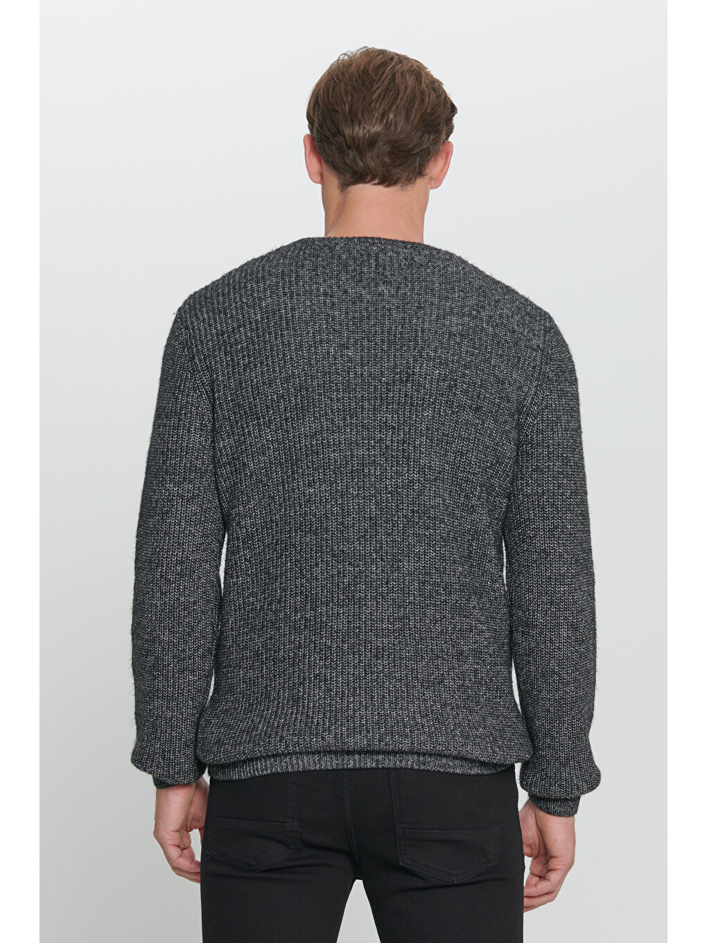 Erkek Antrasit-Melanj Standart Fit Normal Kesim Bisiklet Yaka Pamuklu Triko Kazak-4