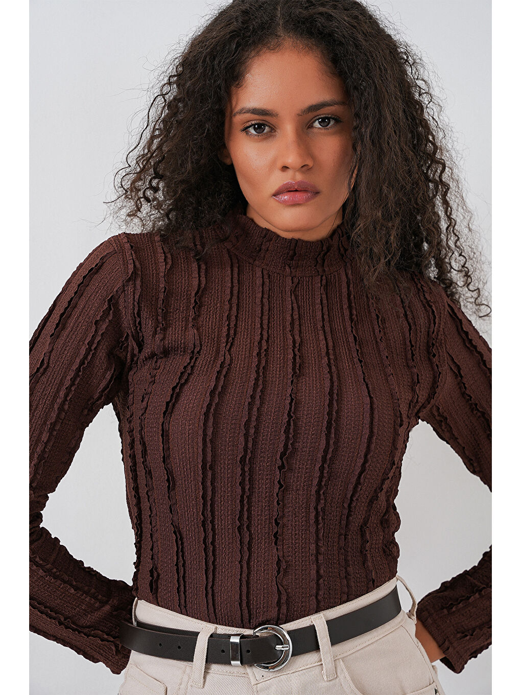 Kadın Dokulu Esnek Örme Bluz 975 - Kahverengi