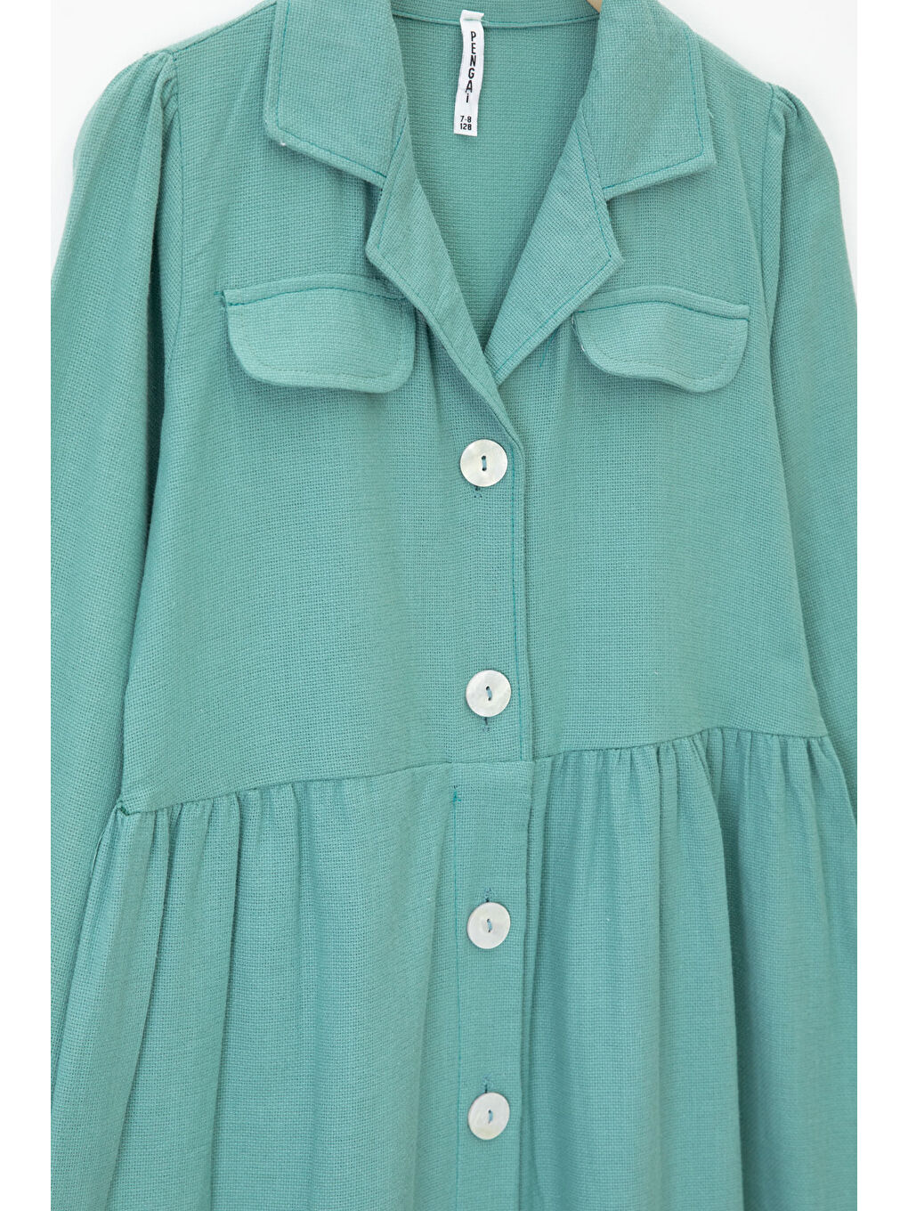 Yeşil Düğme Kapamalı Kız Çocuk Kapak Detaylı Uzun Kol Elbise 20699-4
