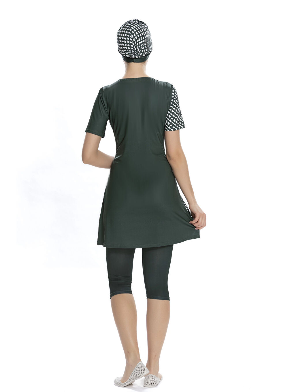 Kadın Haki Yarım Kol Kazayağı Desenli Yarı Kapalı Taytlı Mayo HZL25S-204/29-1