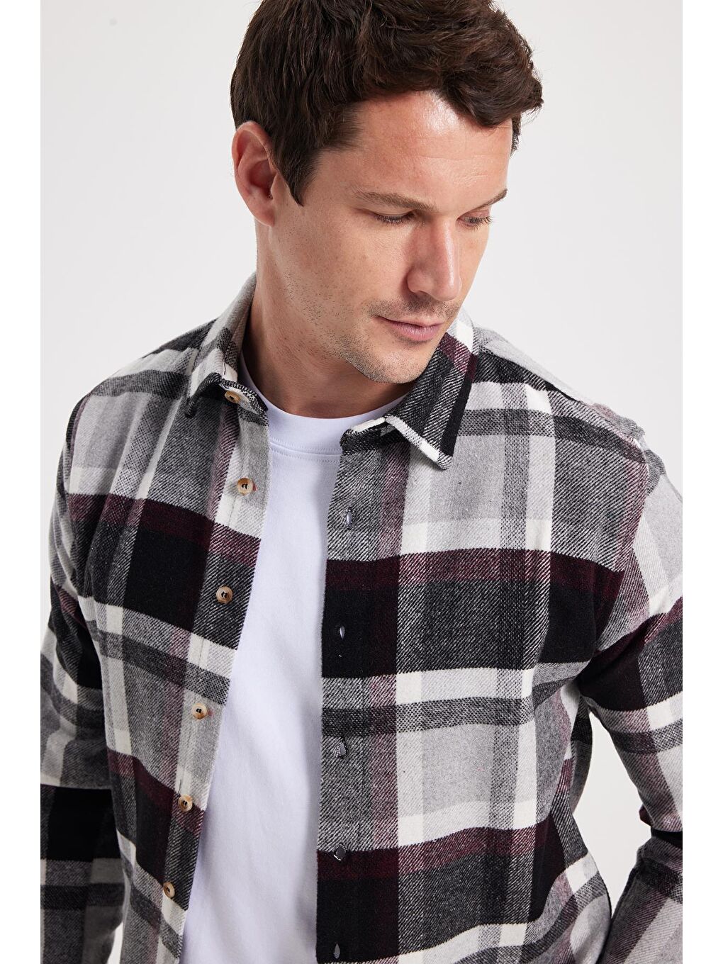 Gri Erkek Slim Fit Dar Kesim Kareli Kışlık Oduncu Gömlek-2