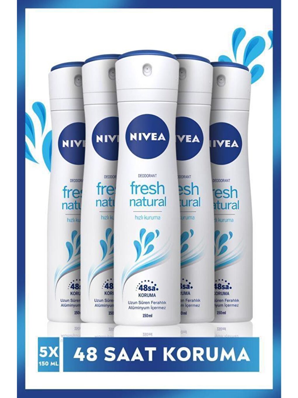 NIVEA Şeffaf Kadın Sprey Deodorant Fresh Natural 48 Saat Deodorant Koruması 150 ml X 5 Adet