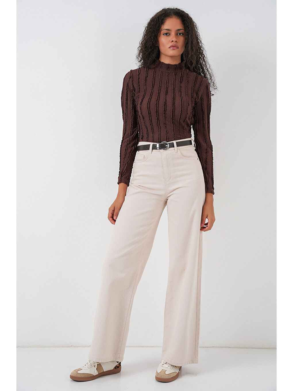 Kadın Dokulu Esnek Örme Bluz 975 - Kahverengi-1