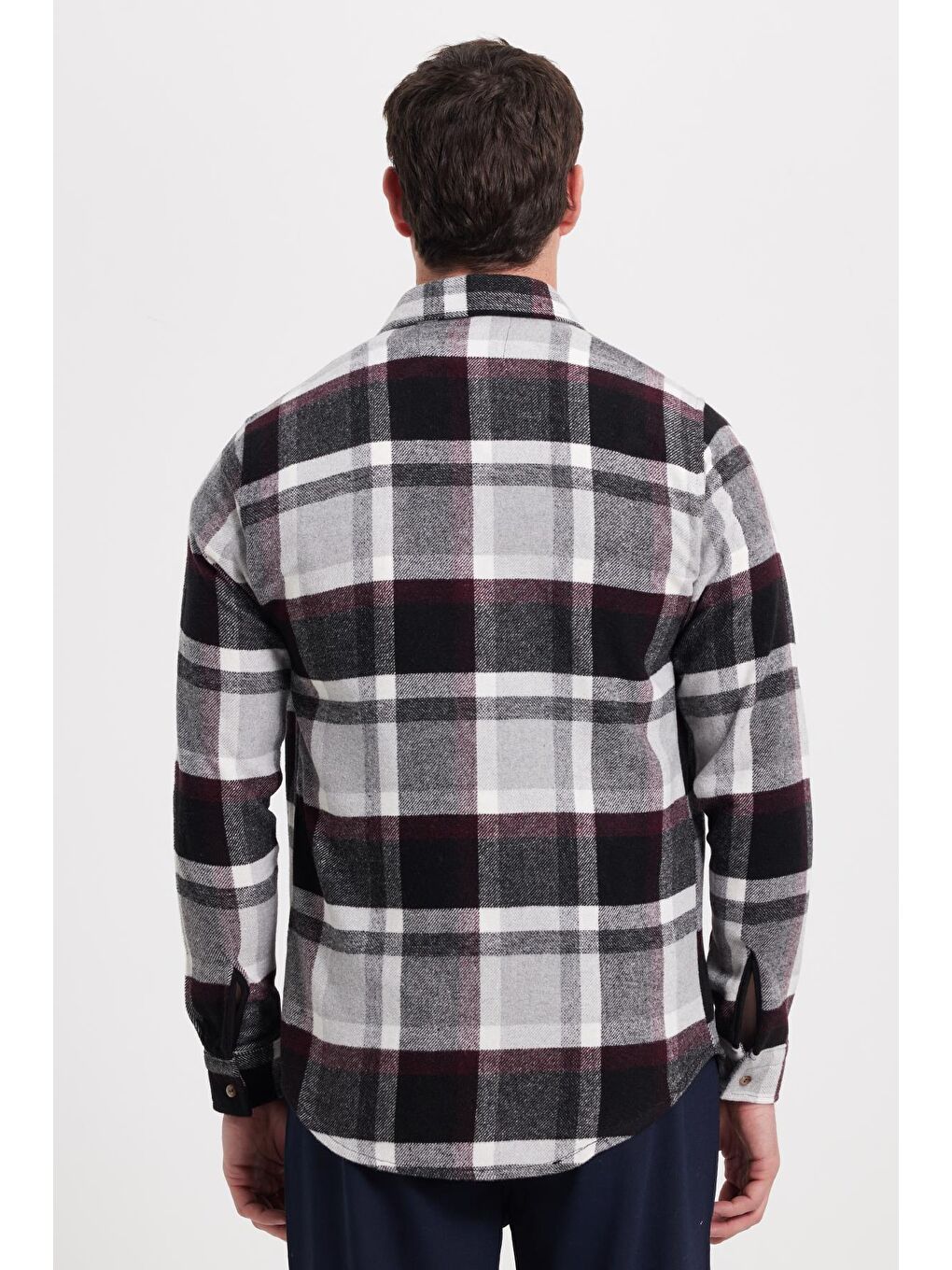 Gri Erkek Slim Fit Dar Kesim Kareli Kışlık Oduncu Gömlek-5