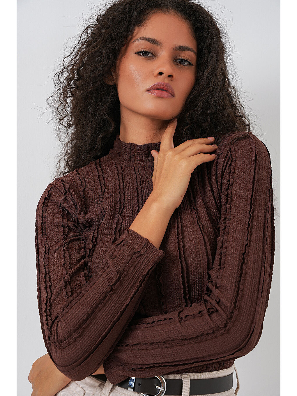 Kadın Dokulu Esnek Örme Bluz 975 - Kahverengi-2