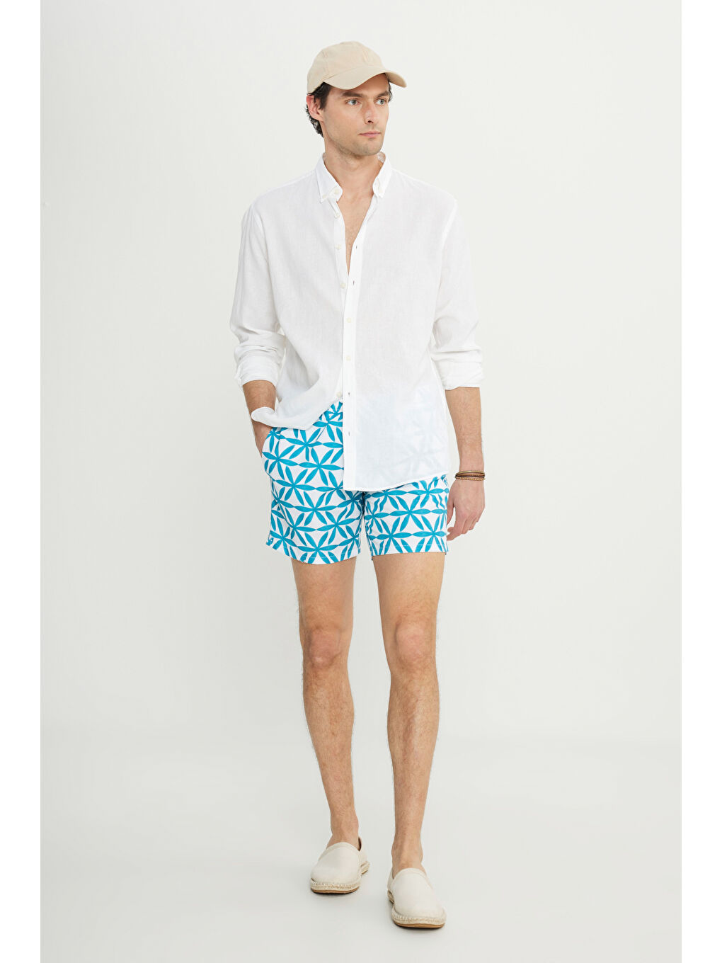 Mavi Erkek Beyaz Mint Standart Fit Normal Kesim Cepli Hızlı Kuruyan Desenli Mayo Deniz Şortu-2