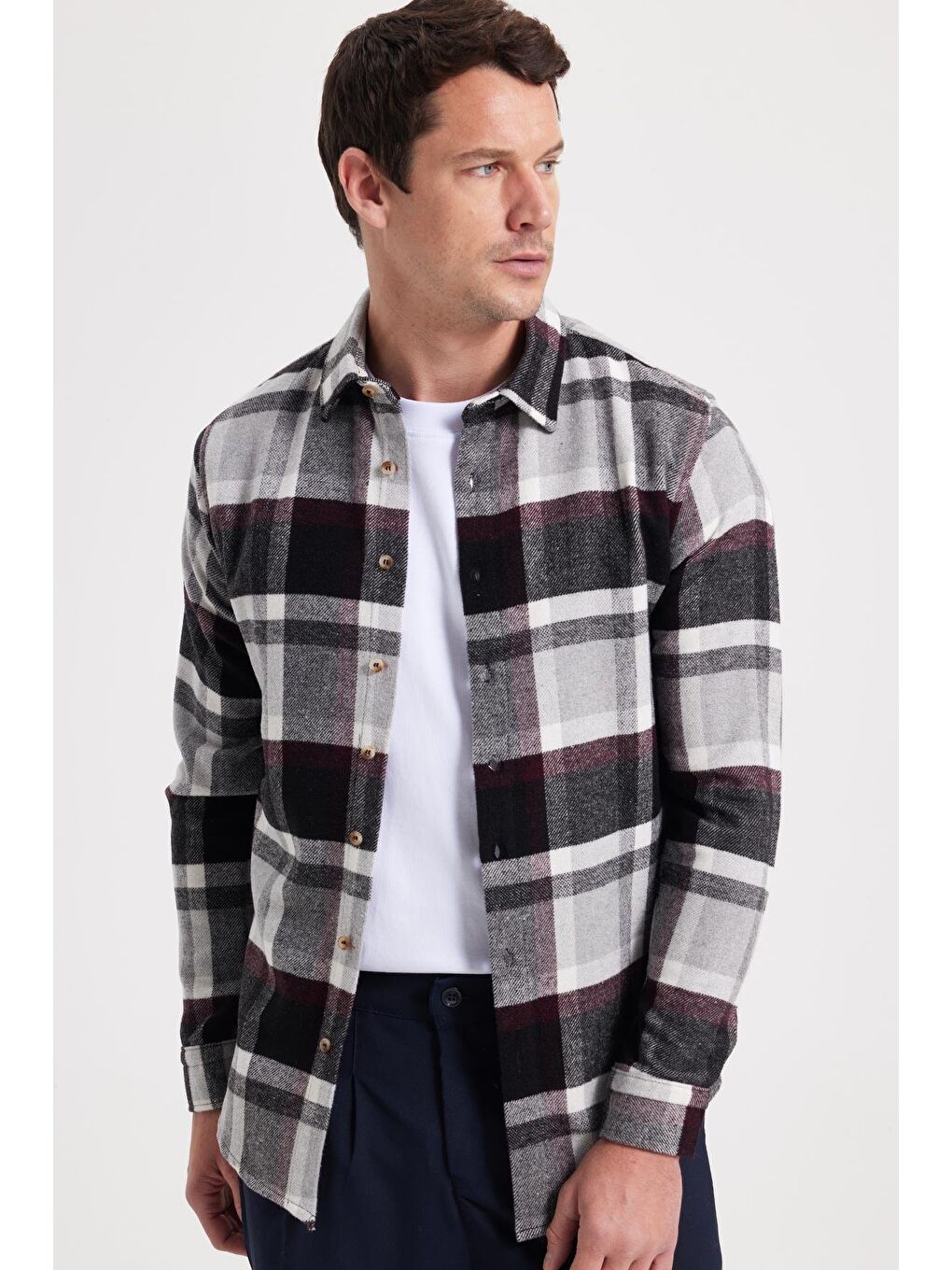 Gri Erkek Slim Fit Dar Kesim Kareli Kışlık Oduncu Gömlek-6