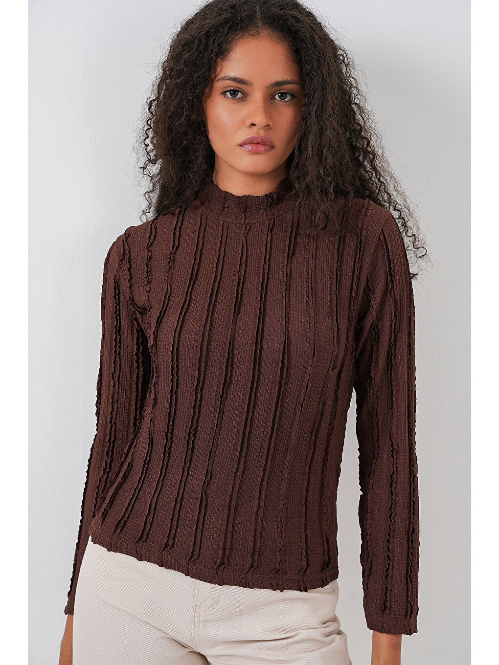 Kadın Dokulu Esnek Örme Bluz 975 - Kahverengi-3