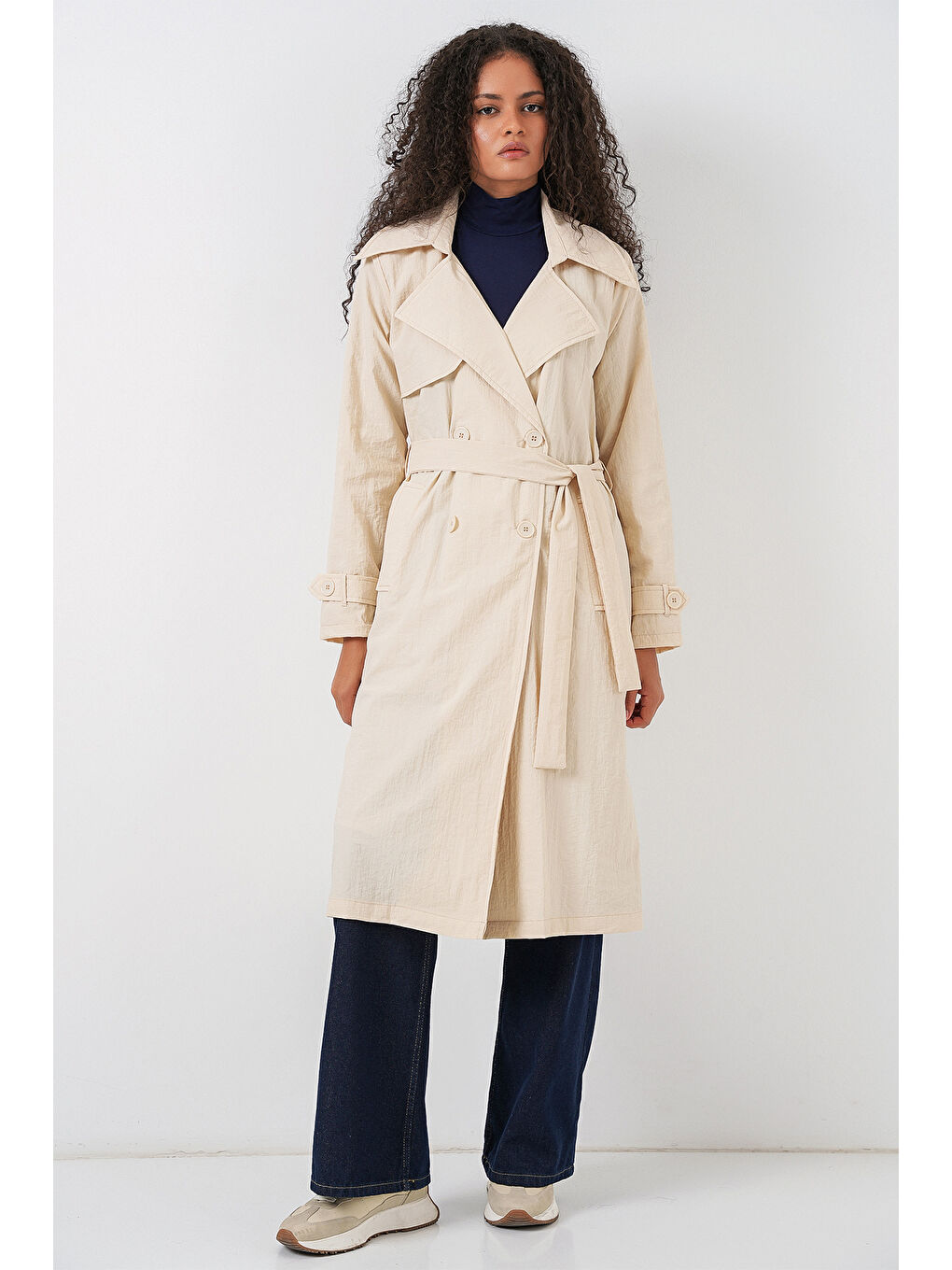 Ekru 5938 Kruvaze Yaka Trençkot - Krem-1