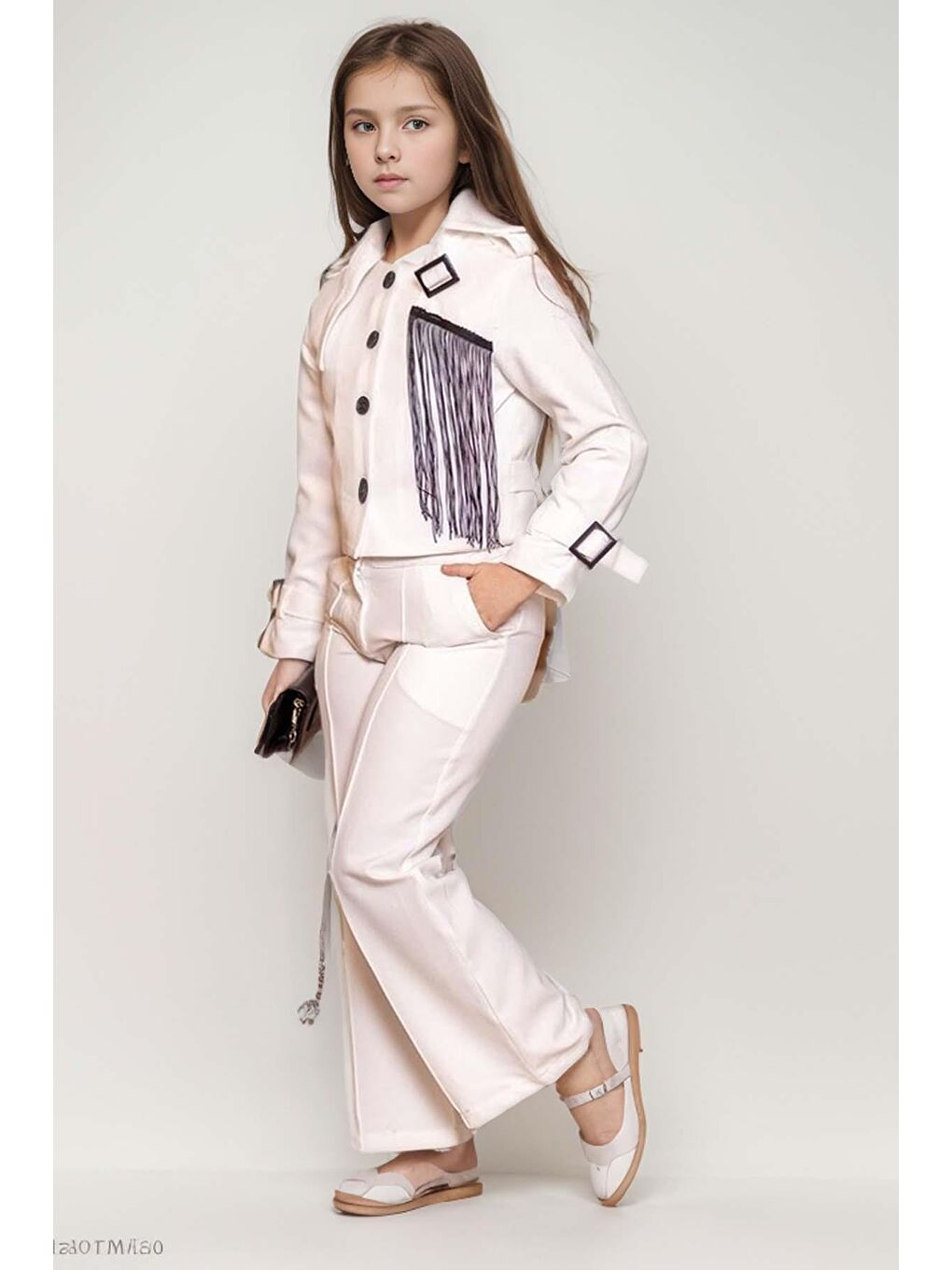 Kız Çocuk Üzeri Püsküllü ve Kemer Detaylı Ceket İnci Beyaz Pantolon Alt Üst Takım