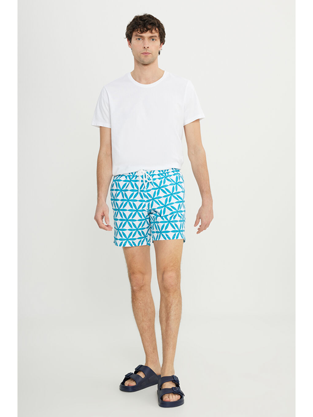 Mavi Erkek Beyaz Mint Standart Fit Normal Kesim Cepli Hızlı Kuruyan Desenli Mayo Deniz Şortu-5