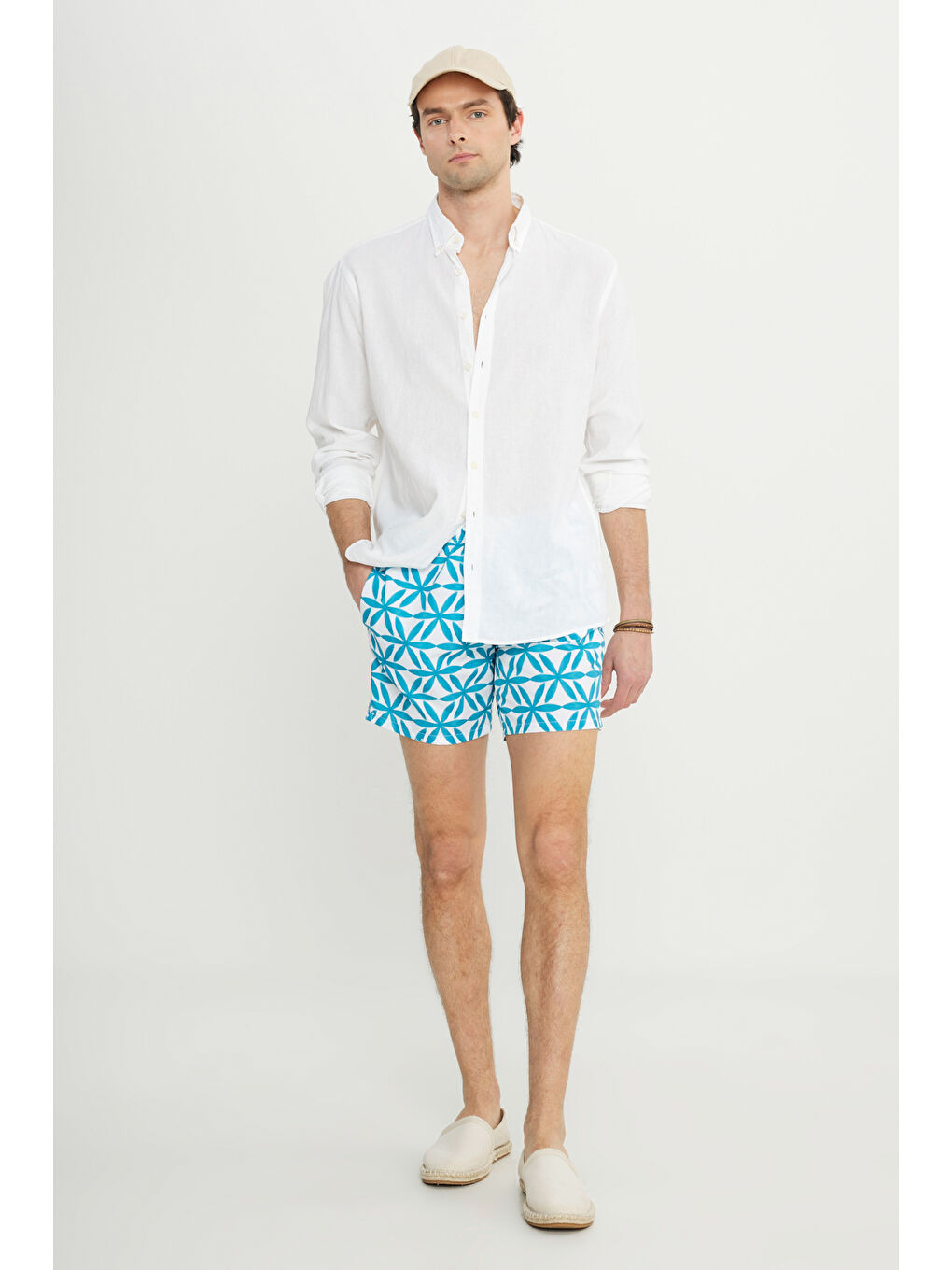 Mavi Erkek Beyaz Mint Standart Fit Normal Kesim Cepli Hızlı Kuruyan Desenli Mayo Deniz Şortu-6