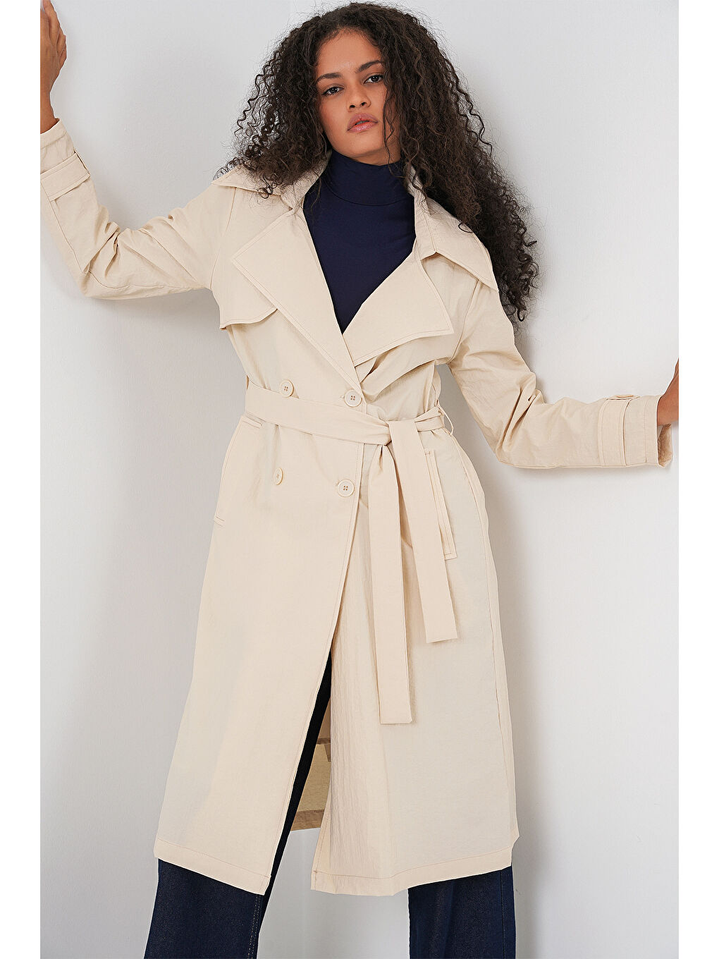 Ekru 5938 Kruvaze Yaka Trençkot - Krem-2