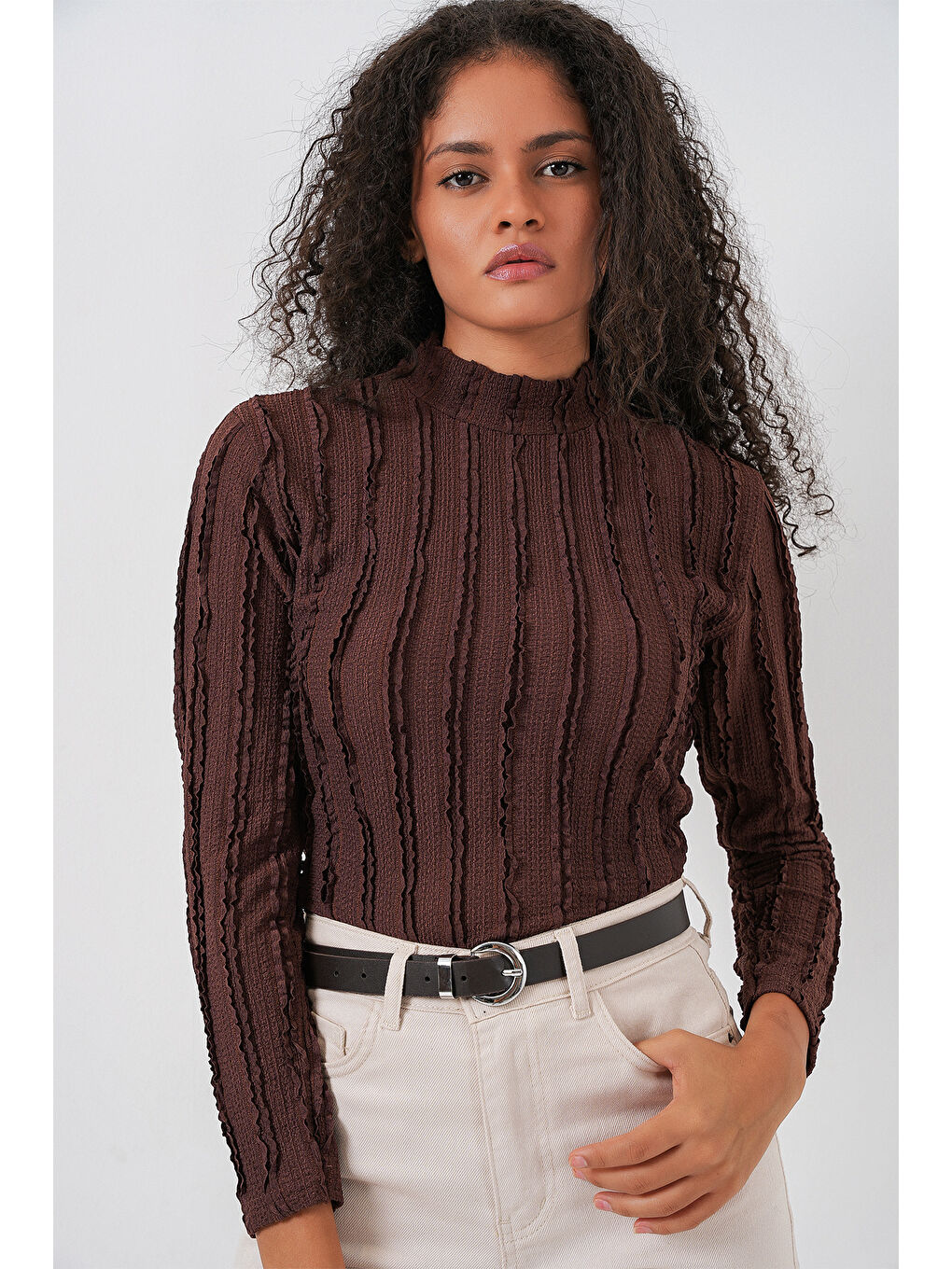 Kadın Dokulu Esnek Örme Bluz 975 - Kahverengi-4