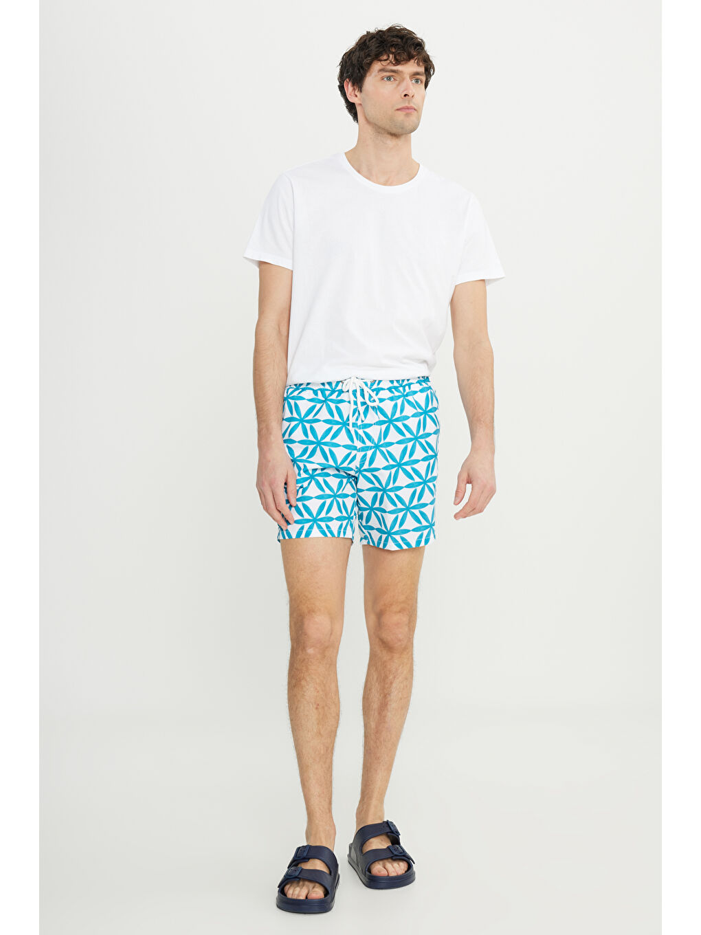 Mavi Erkek Beyaz Mint Standart Fit Normal Kesim Cepli Hızlı Kuruyan Desenli Mayo Deniz Şortu-7