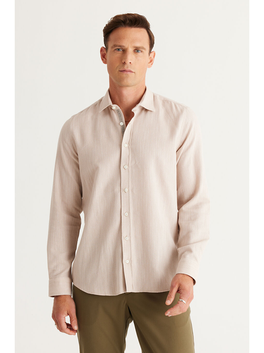 Erkek Bej Slim Fit Dar Kesim Klasik Yaka %100 Pamuk Armürlü Gömlek-3