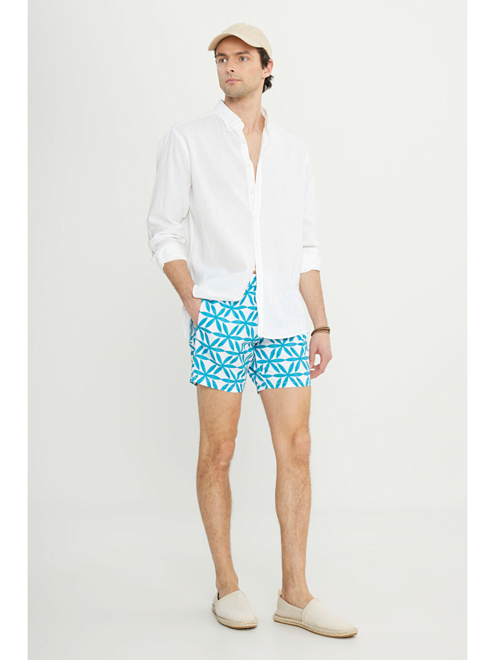 Mavi Erkek Beyaz Mint Standart Fit Normal Kesim Cepli Hızlı Kuruyan Desenli Mayo Deniz Şortu-8