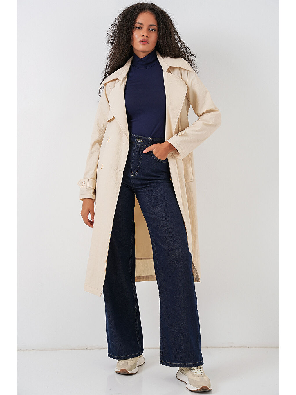 Ekru 5938 Kruvaze Yaka Trençkot - Krem-3