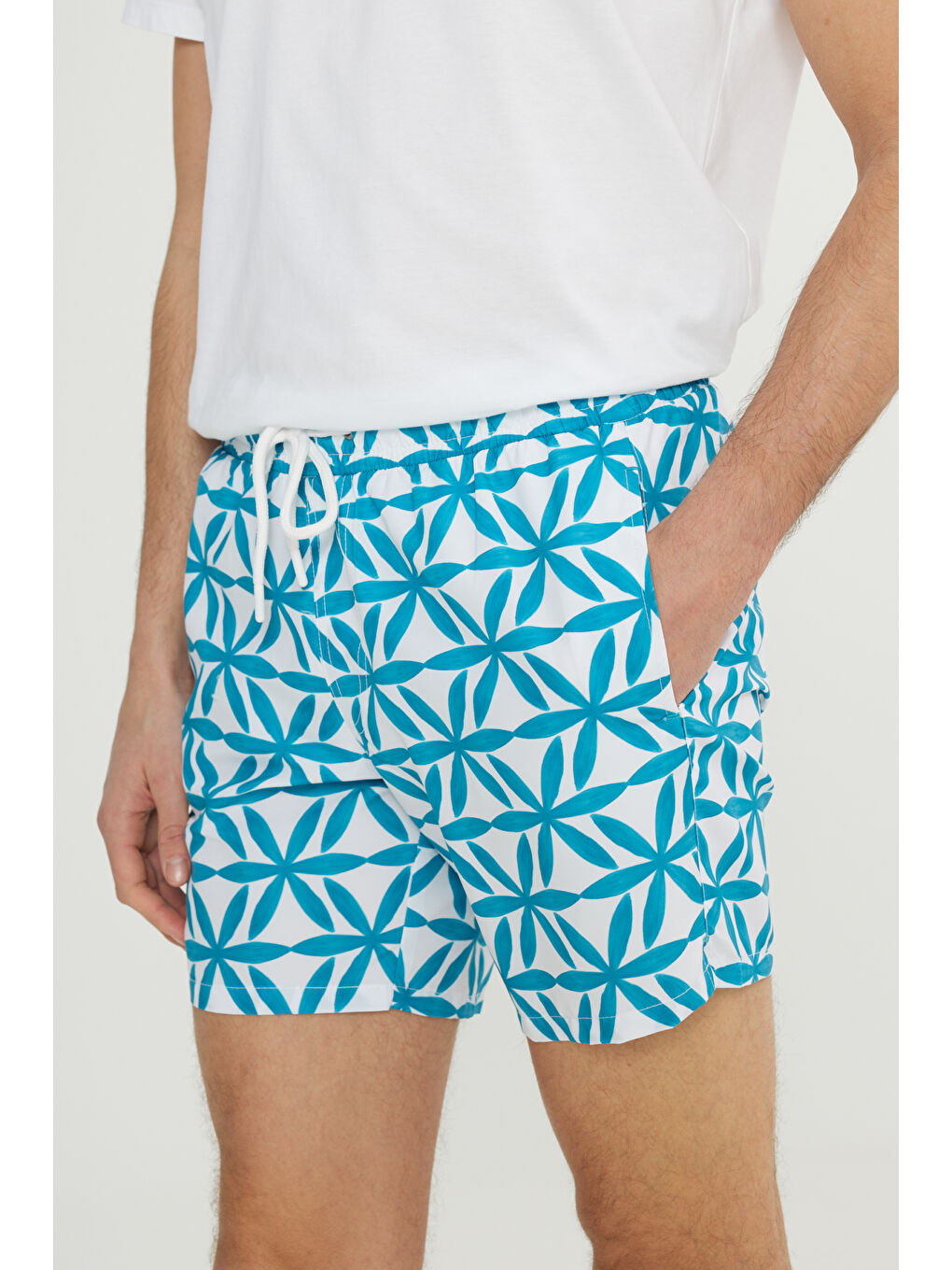 Mavi Erkek Beyaz Mint Standart Fit Normal Kesim Cepli Hızlı Kuruyan Desenli Mayo Deniz Şortu-9