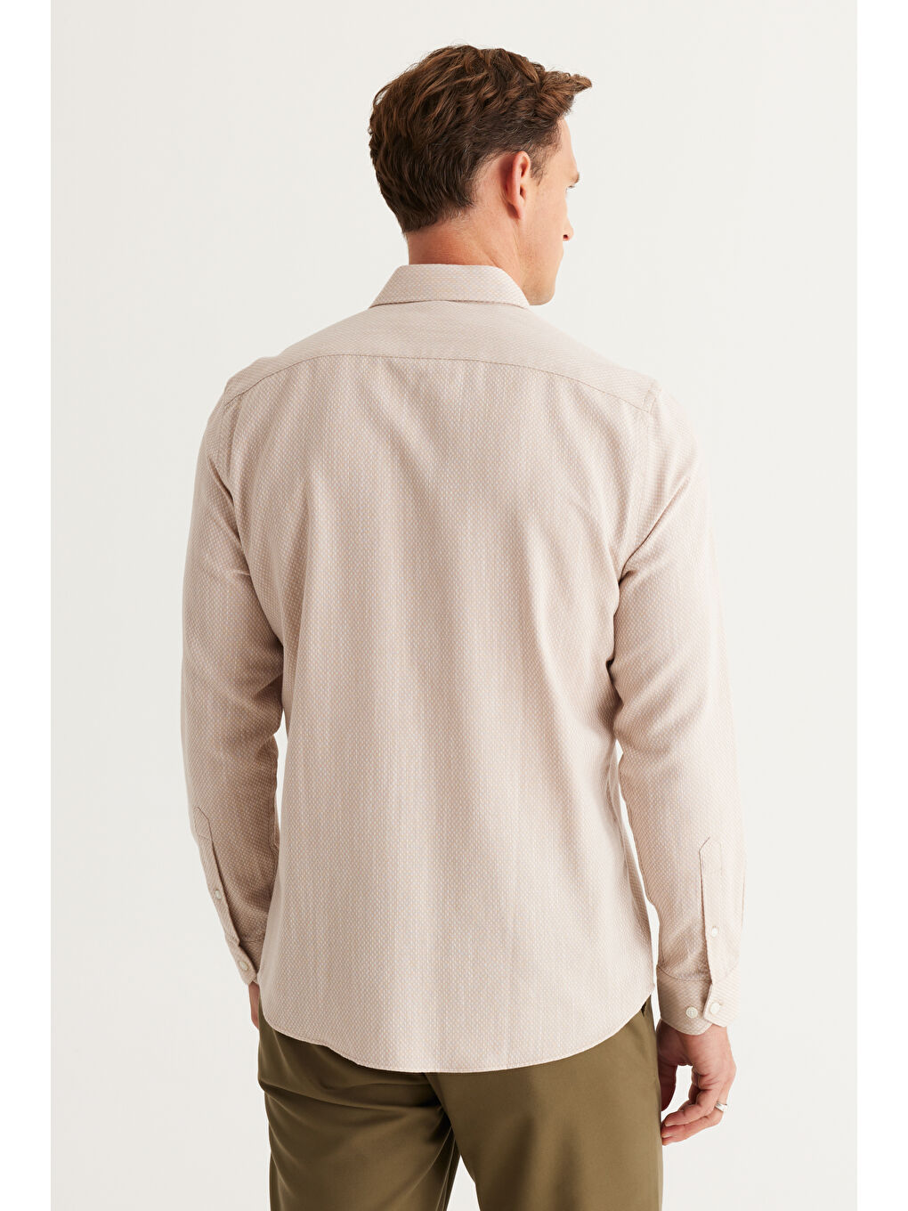 Erkek Bej Slim Fit Dar Kesim Klasik Yaka %100 Pamuk Armürlü Gömlek-5