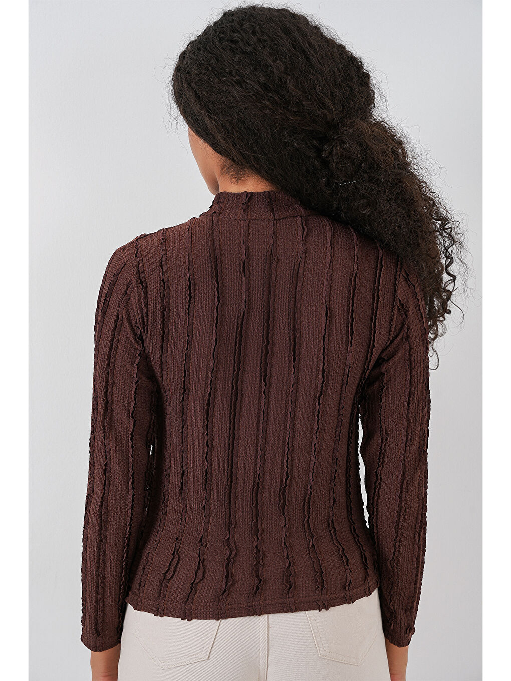 Kadın Dokulu Esnek Örme Bluz 975 - Kahverengi-6