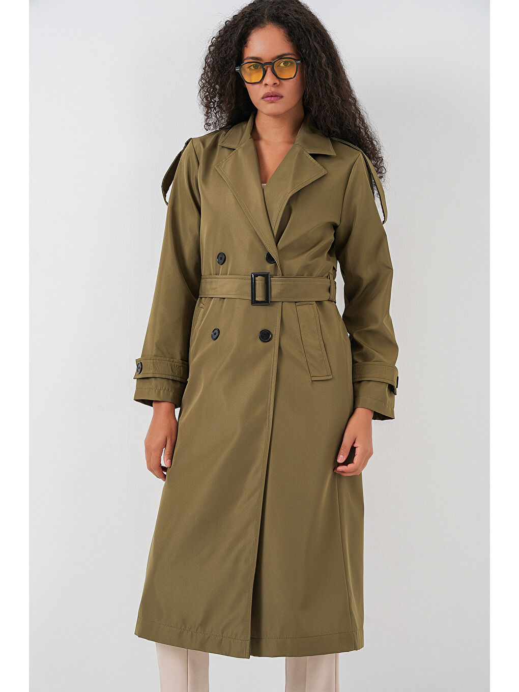 5941 Kruvaze Yaka Uzun Trençkot - Haki-2