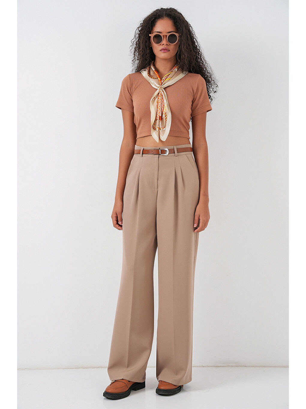 Kadın Yüksek Bel Palazzo Pantolon 30051 - Bej-2