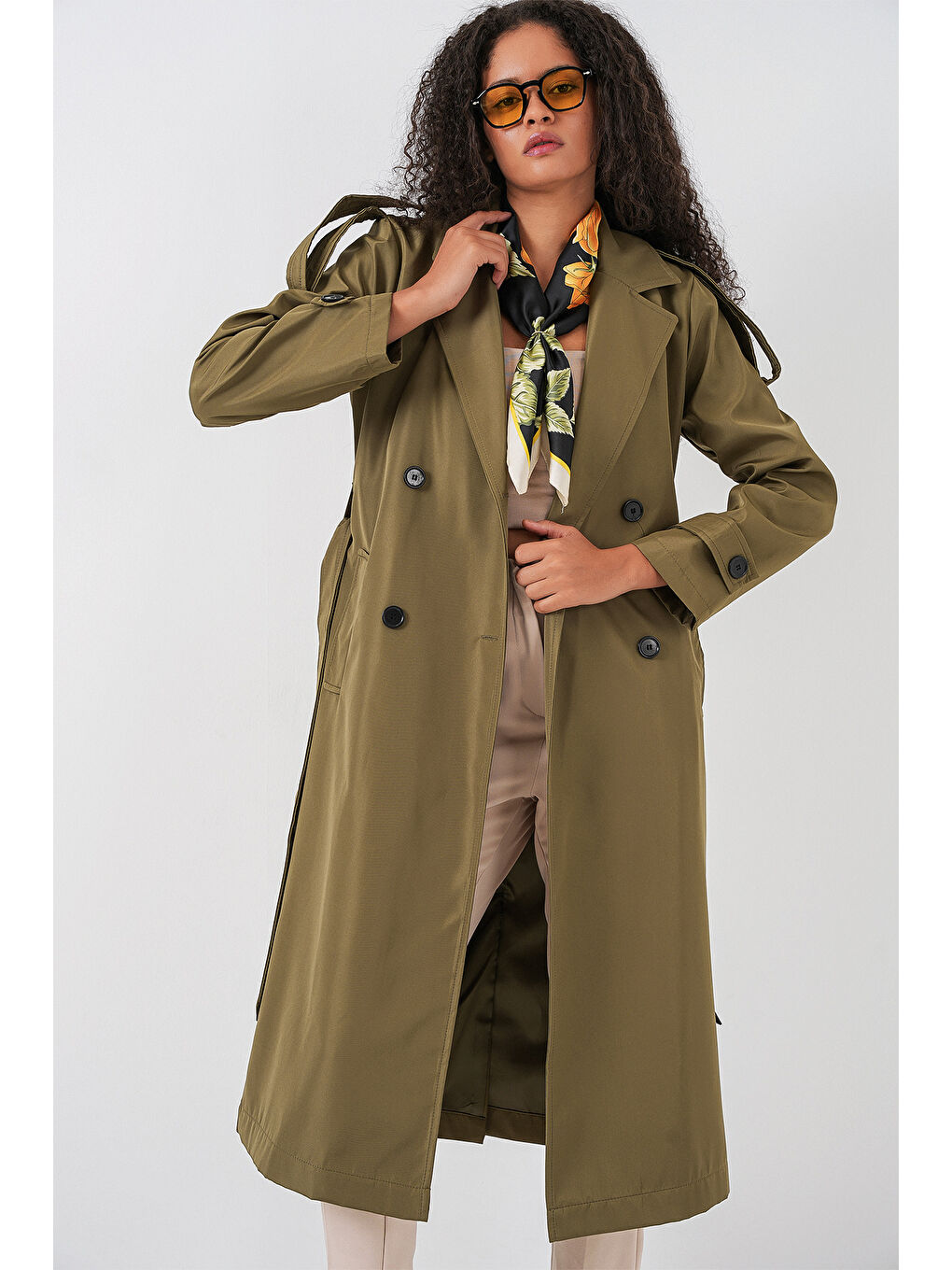 5941 Kruvaze Yaka Uzun Trençkot - Haki-3