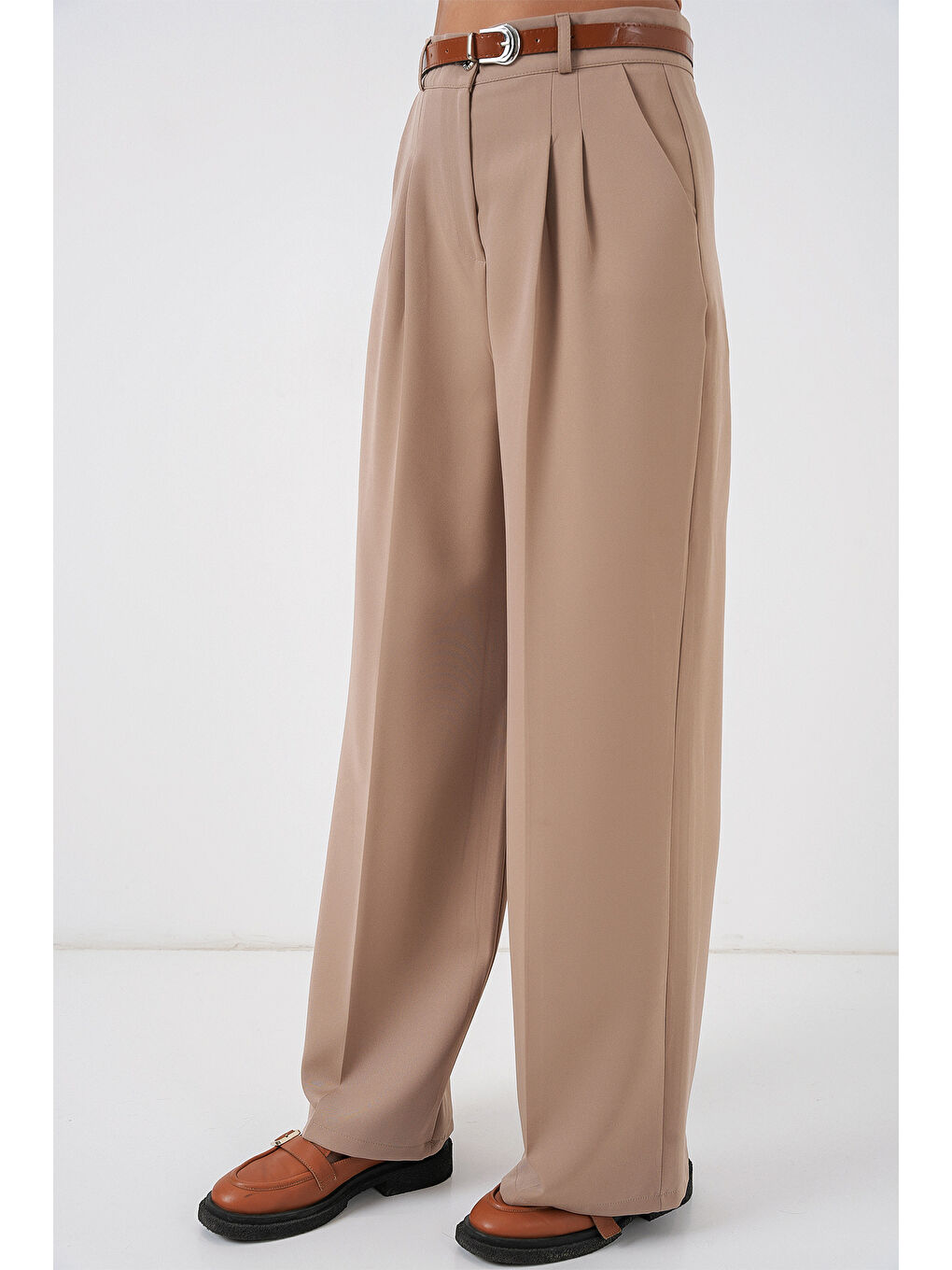 Kadın Yüksek Bel Palazzo Pantolon 30051 - Bej-3