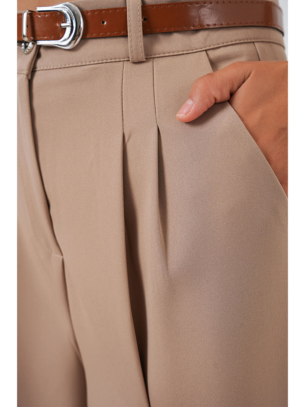 Kadın Yüksek Bel Palazzo Pantolon 30051 - Bej-4